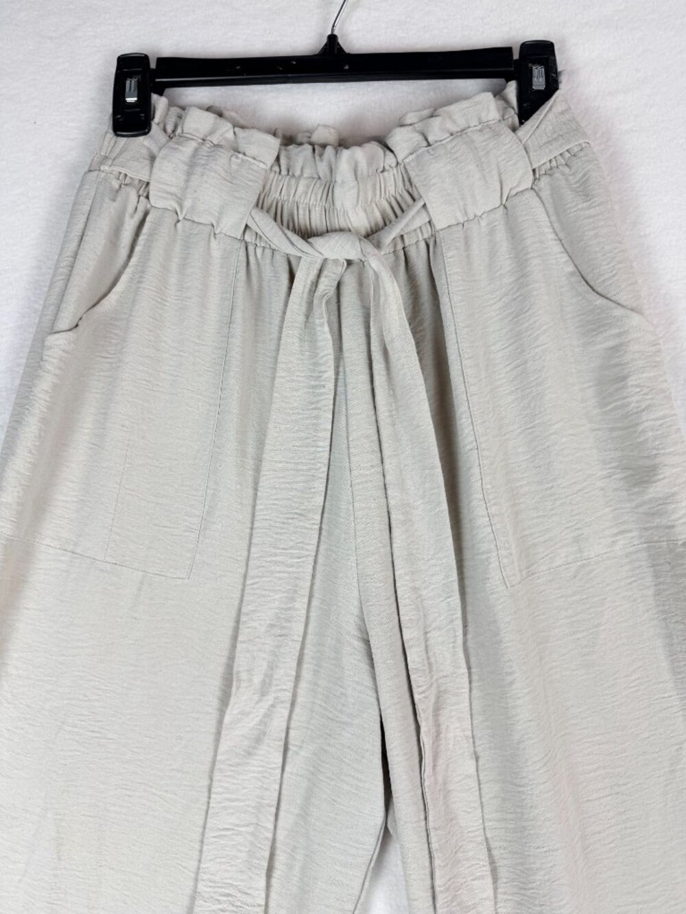 IWollence Women’s L Beige Wide Leg Paperbag Pants Tie Waist Casual Boho - Picture 2 of 11
